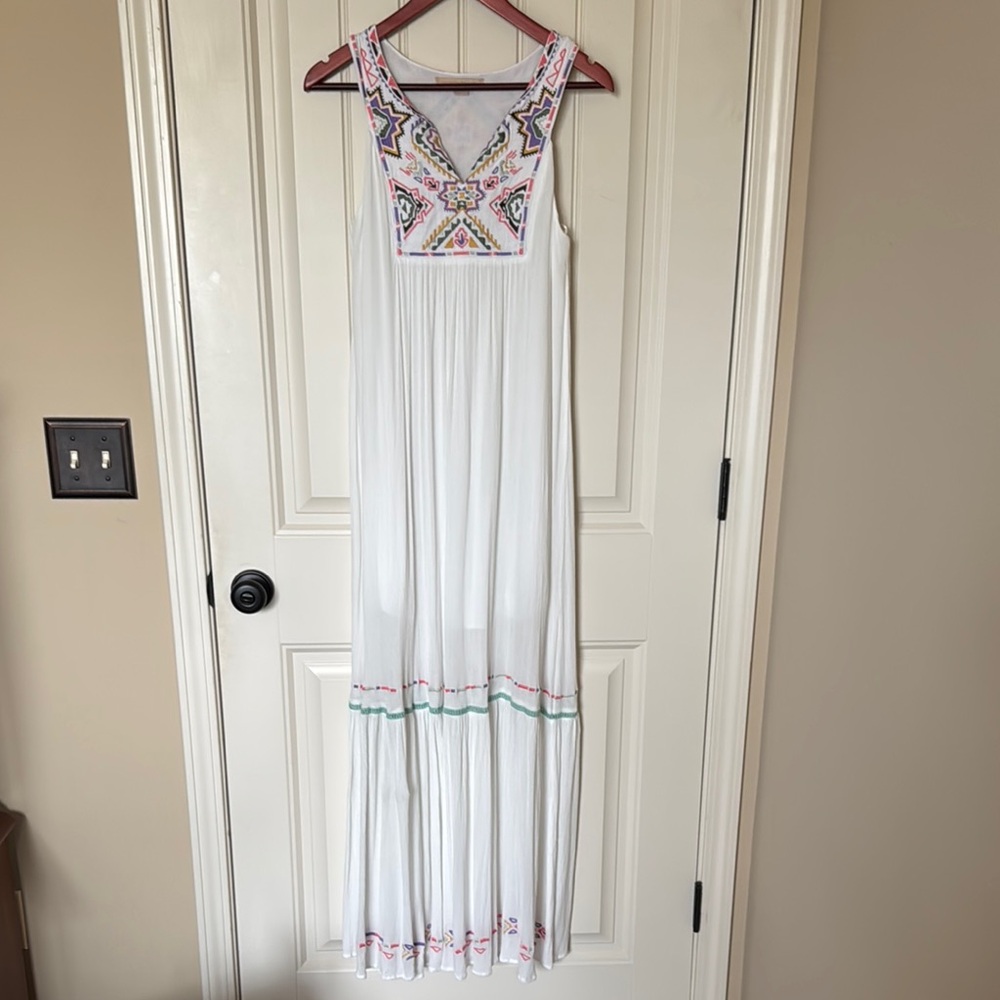 Champagne and Strawberry Embroidered White Maxi Dress